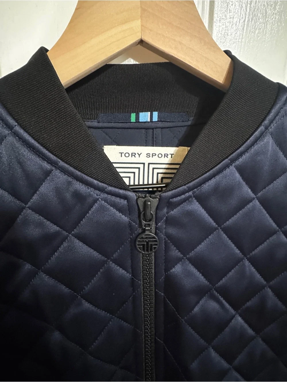 Tory Burch Sport Quilted Bomber Jacket Satin Blue Size Small